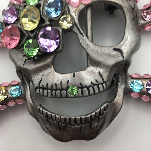 Skull Pin Brooch Rhinestones Pink Pirate Halloween Goth Sparkle Large 4” X 3” - Picture 8 of 15